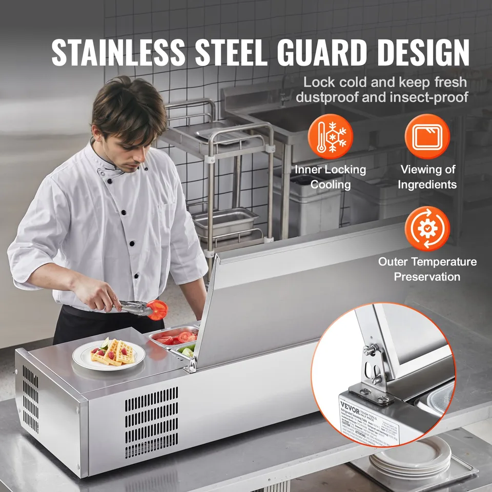 Refrigerated Condiment Prep Station, 135 W Countertop Refrigerated Condiment Station, With 2 1/3 Pans & 4 1/6 Pans, 304 Stainless Body And view 4