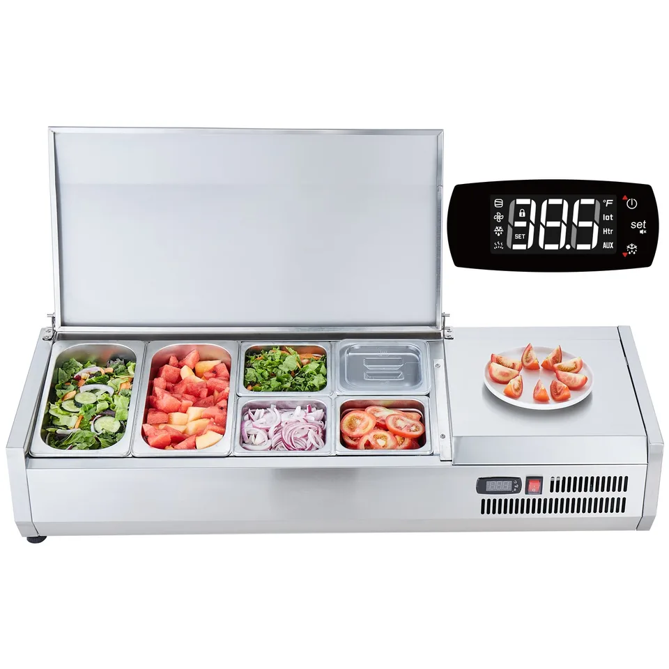 Refrigerated Condiment Prep Station, 135 W Countertop Refrigerated Condiment Station, With 2 1/3 Pans & 4 1/6 Pans, 304 Stainless Body And PC Lid, Sandwich Prep Table With Stainless Guard, ETL