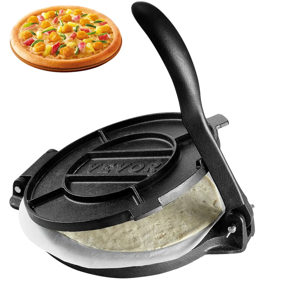 Tortilla Press, 10 Inch Tortilla And Roti Maker, Cast Iron Heavy Duty Tortilladora Press, Pre-Seasoned Pataconera Maker With 100 Pcs Parchment Paper, Dough Maker For Flour Tortilla, Tawa, Silver