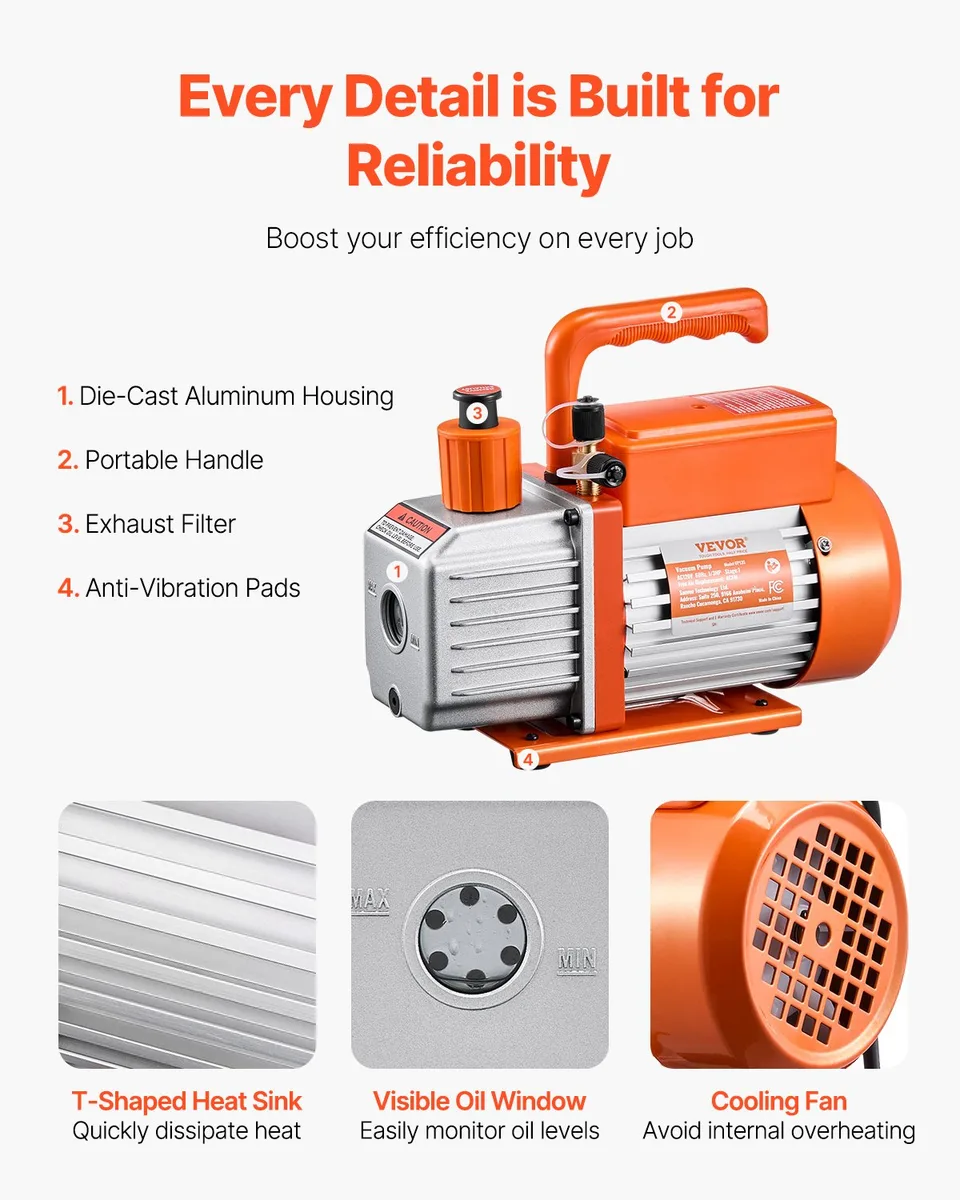 Vacuum Pump 4 CFM HVAC Single Stage Rotary Vane Vacuum Pump Oil Included view 3