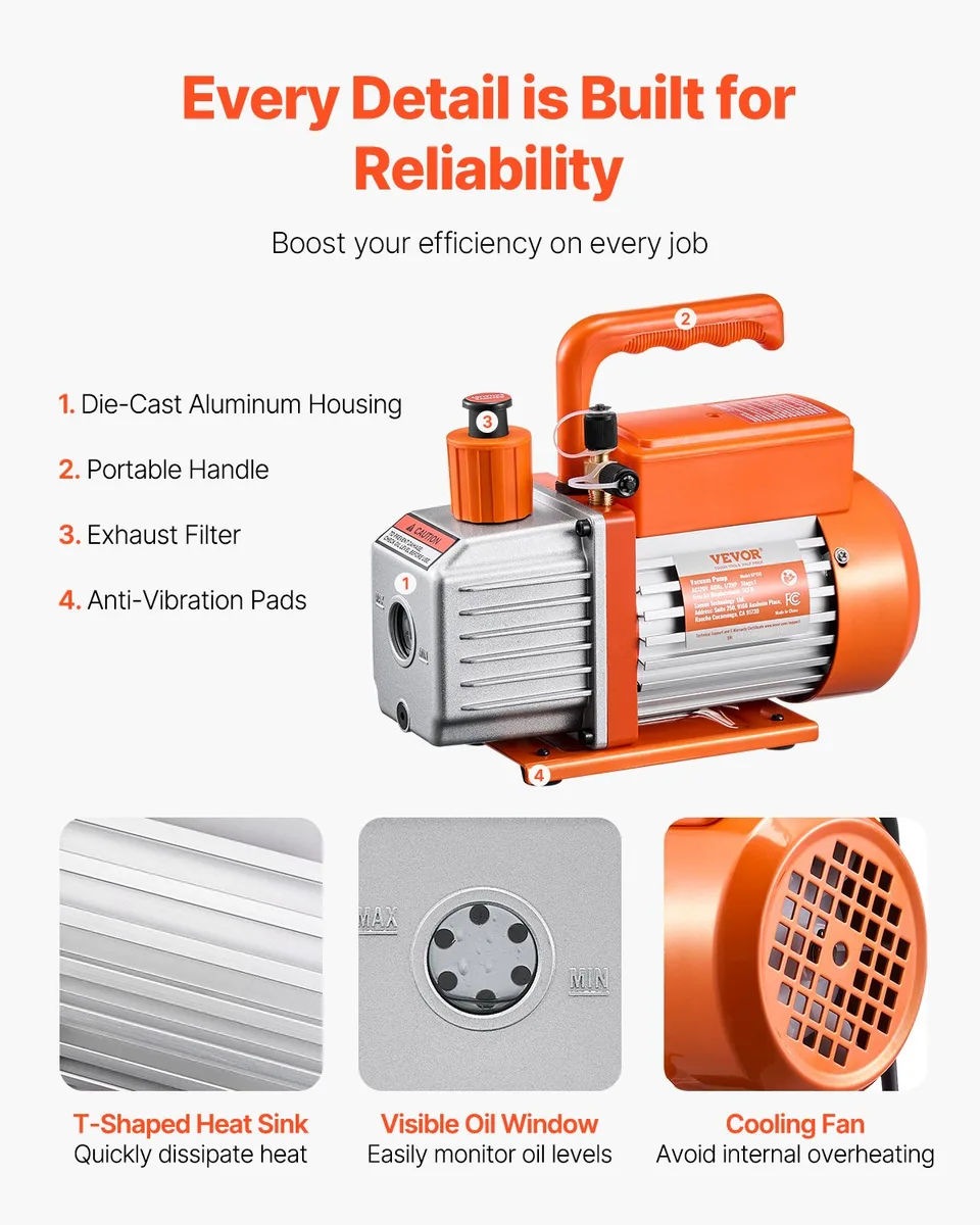 Vacuum Pump 5 CFM HVAC Single Stage Rotary Vane Vacuum Pump Oil Included view 4