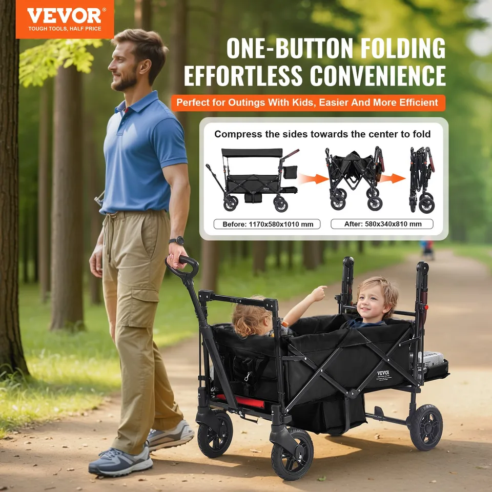 Wagon Stroller For 2 Kids, Push Pull Quad Collapsible Stroller With Adjustable Handle, Encircling Harness Removable Canopy, 4 Wheels With Brakes, Mutifunction Tandem Stroller For Camping Black view 3