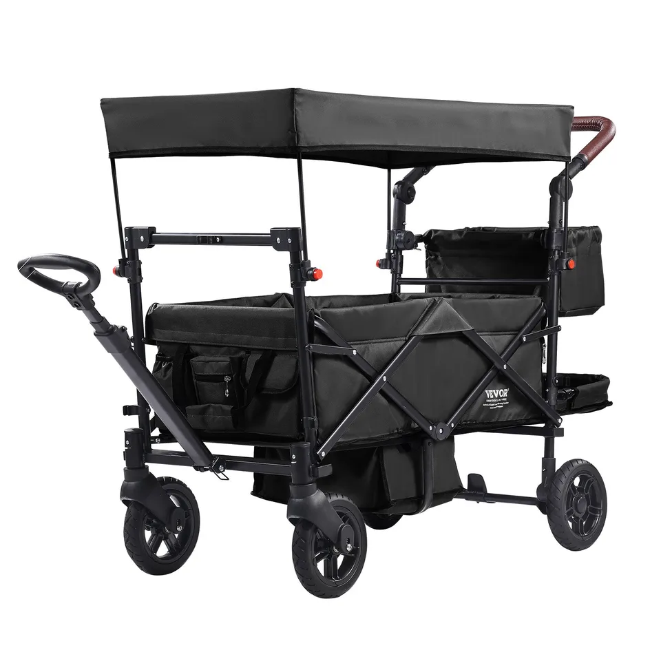 Wagon Stroller For 2 Kids, Push Pull Quad Collapsible Stroller With Adjustable Handle, Encircling Harness Removable Canopy, 4 Wheels With Brakes, Mutifunction Tandem Stroller For Camping Black