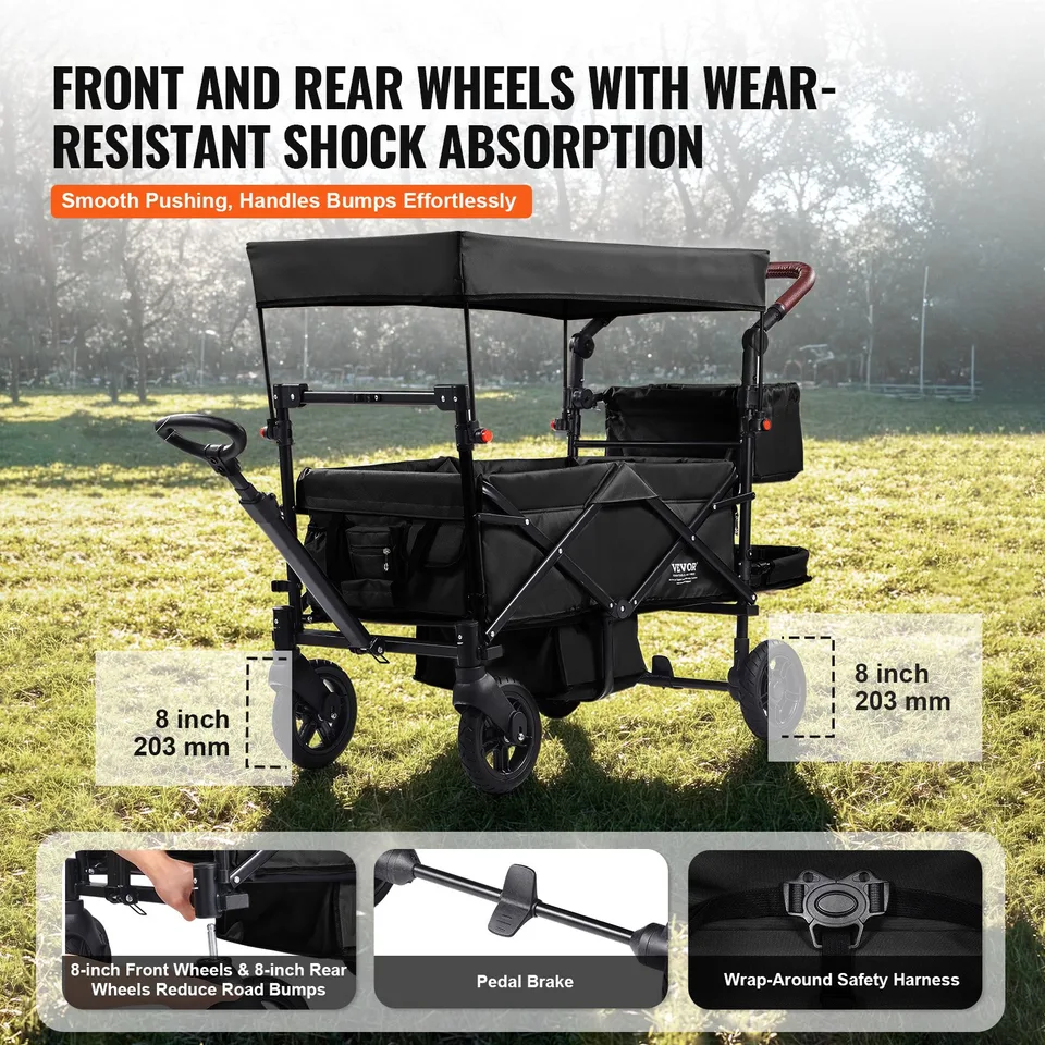 Wagon Stroller For 2 Kids, Push Pull Quad Collapsible Stroller With Adjustable Handle, Encircling Harness Removable Canopy, 4 Wheels With Brakes, Mutifunction Tandem Stroller For Camping Black view 2