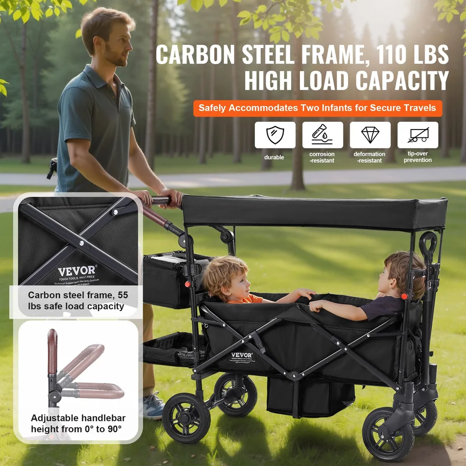Wagon Stroller For 2 Kids, Push Pull Quad Collapsible Stroller With Adjustable Handle, Encircling Harness Removable Canopy, 4 Wheels With Brakes, Mutifunction Tandem Stroller For Camping Black view 4