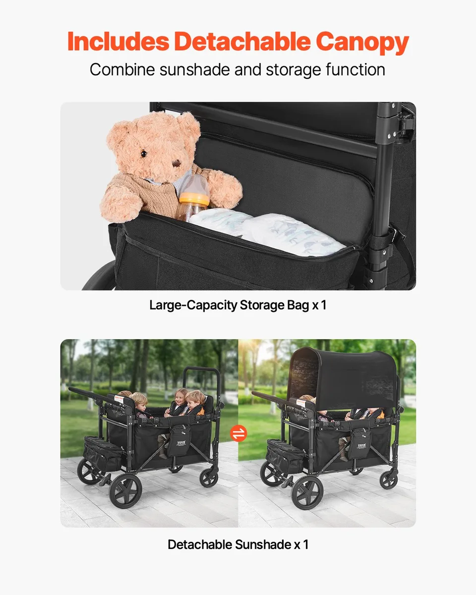 Wagon Stroller For 4 Kids Push Pull Quad Collapsible Stroller 330LBS Loading view 3