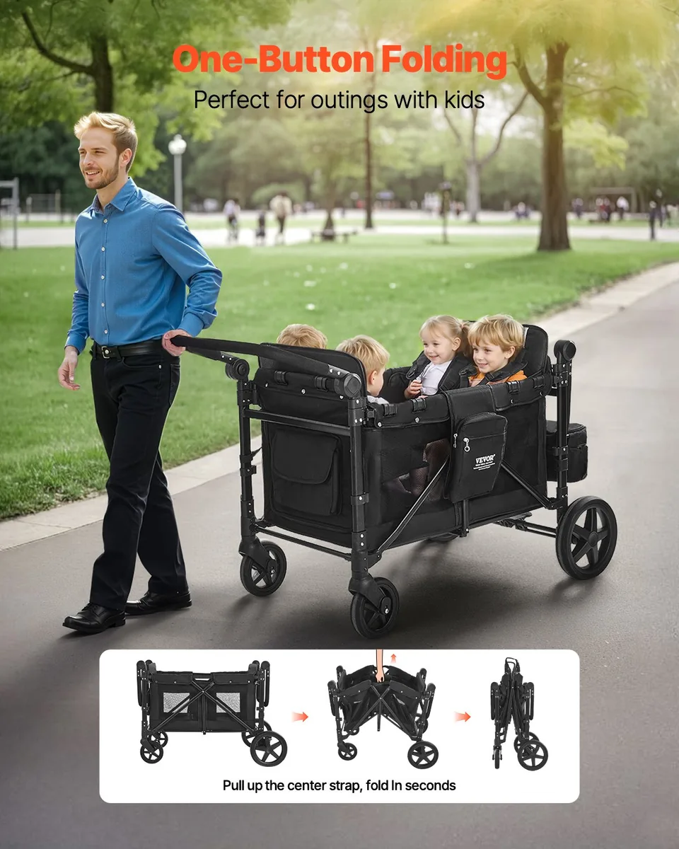 Wagon Stroller For 4 Kids Push Pull Quad Collapsible Stroller 330LBS Loading view 2