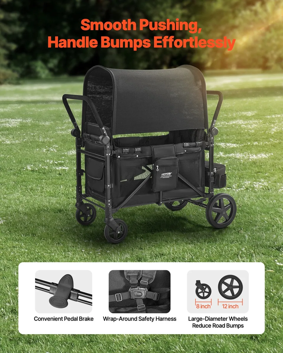 Wagon Stroller For 4 Kids Push Pull Quad Collapsible Stroller 330LBS Loading view 4