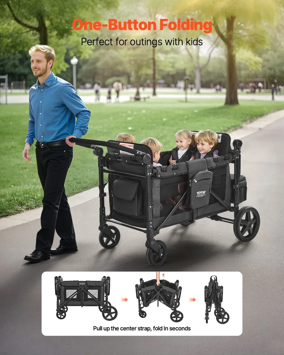 Wagon Stroller For 4 Kids Push Pull Quad Collapsible Stroller For Camping 330LBS view 3