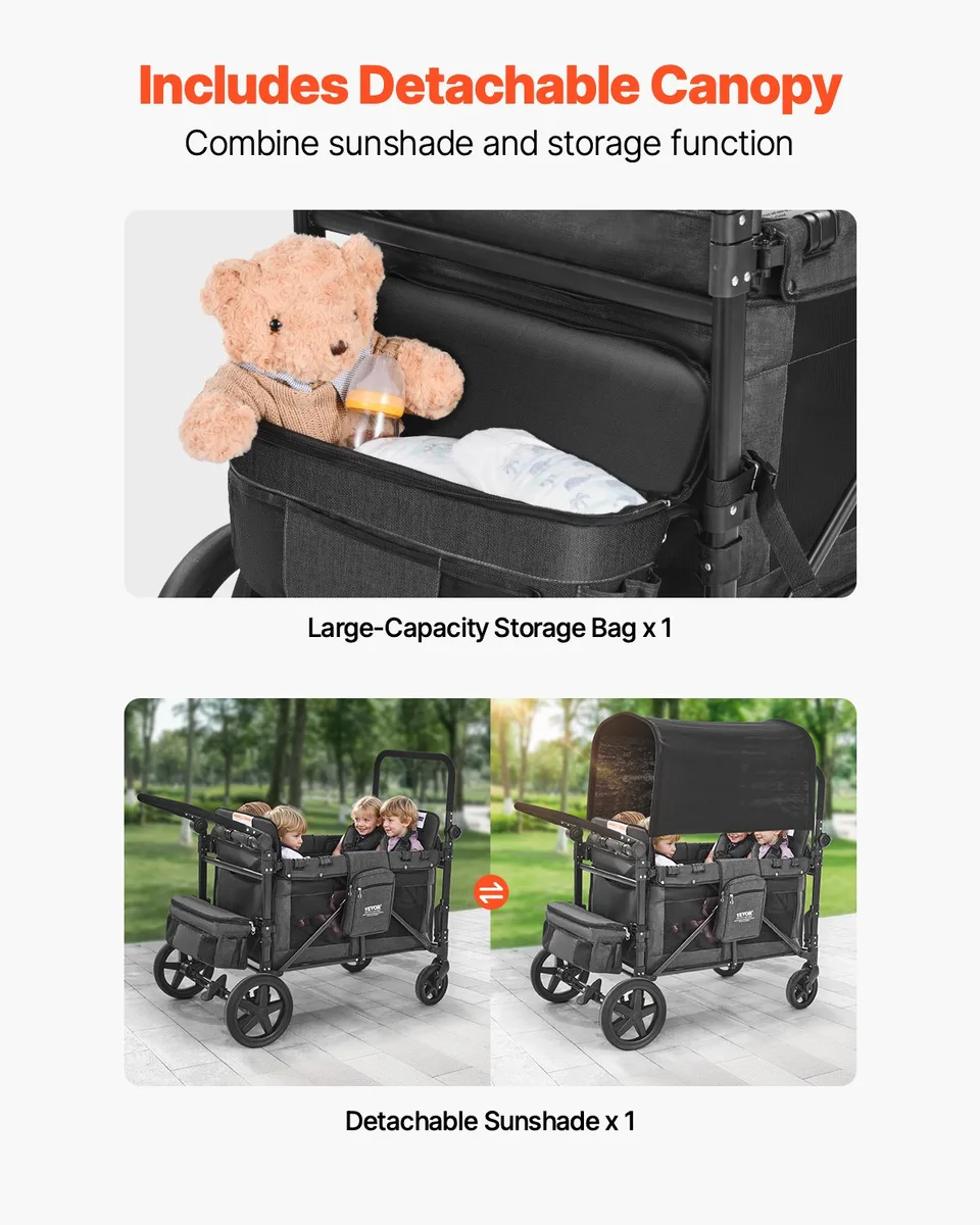 Wagon Stroller For 4 Kids Push Pull Quad Collapsible Stroller For Camping 330LBS view 2