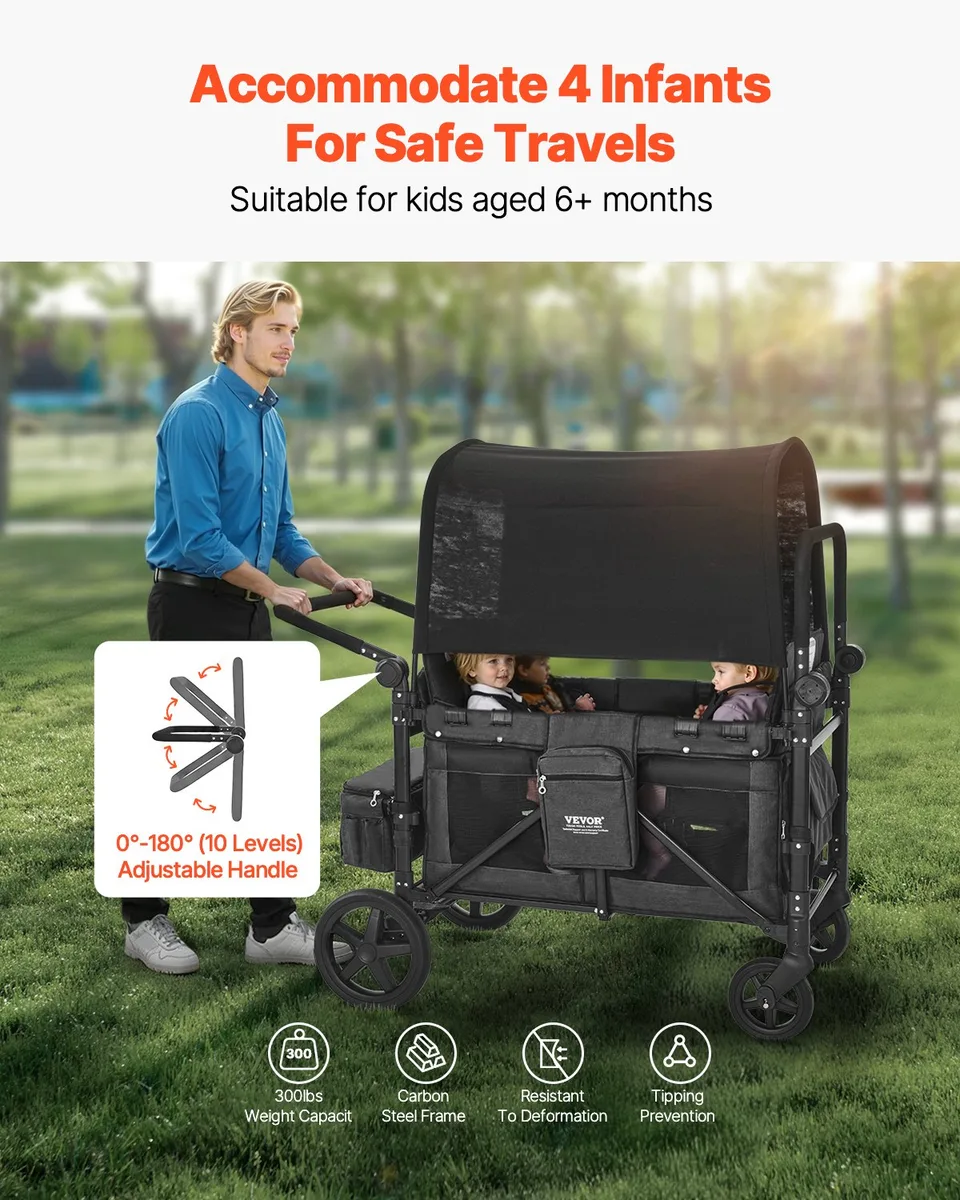 Wagon Stroller For 4 Kids Push Pull Quad Collapsible Stroller For Camping 330LBS view 4