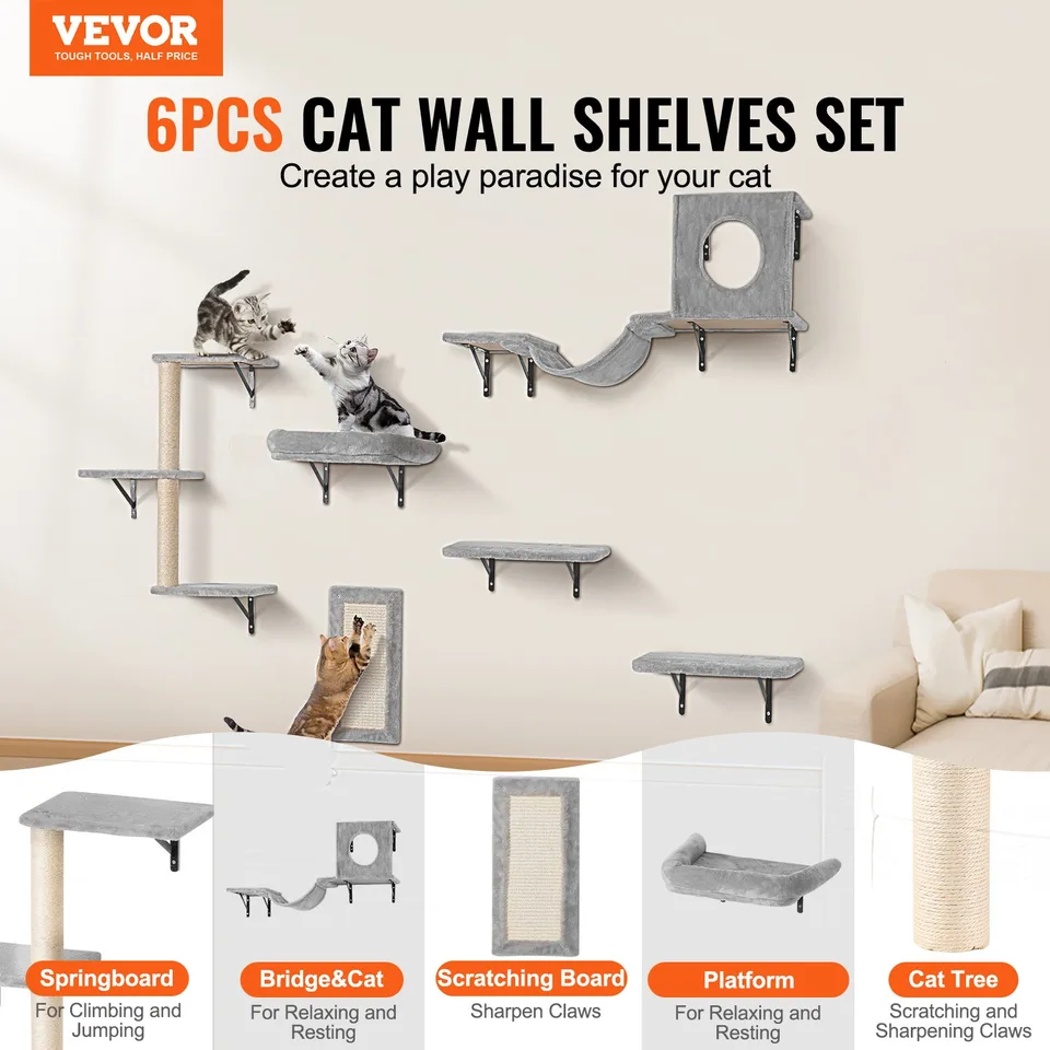 Wall Mounted Cat Shelves Tree With Jump Boards Hammock Sofa Grip Set Of 6 view 4