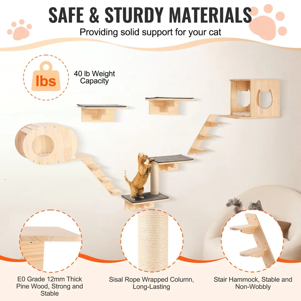 Wall Mounted Cat Shelves Tree With Jumping Boards Nests Hammock Set Of 7 view 3