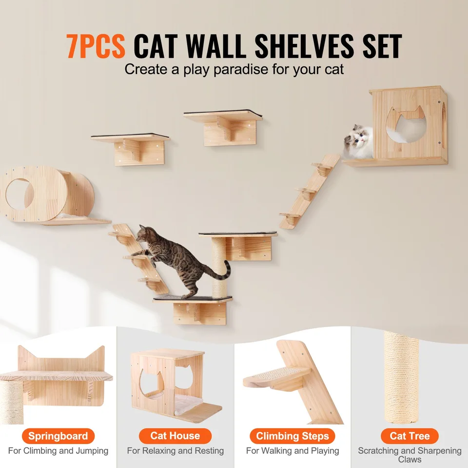 Wall Mounted Cat Shelves Tree With Jumping Boards Nests Hammock Set Of 7 view 2