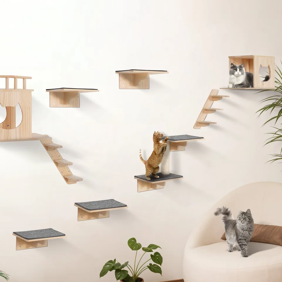 Wall Mounted Cat Shelves Tree With Jumping Boards Nests Hammock Set Of 9