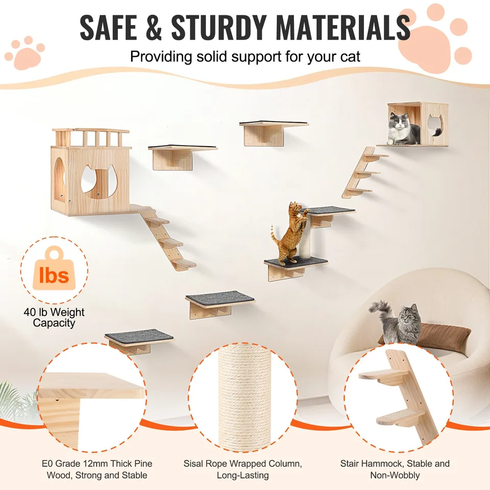 Wall Mounted Cat Shelves Tree With Jumping Boards Nests Hammock Set Of 9 view 4