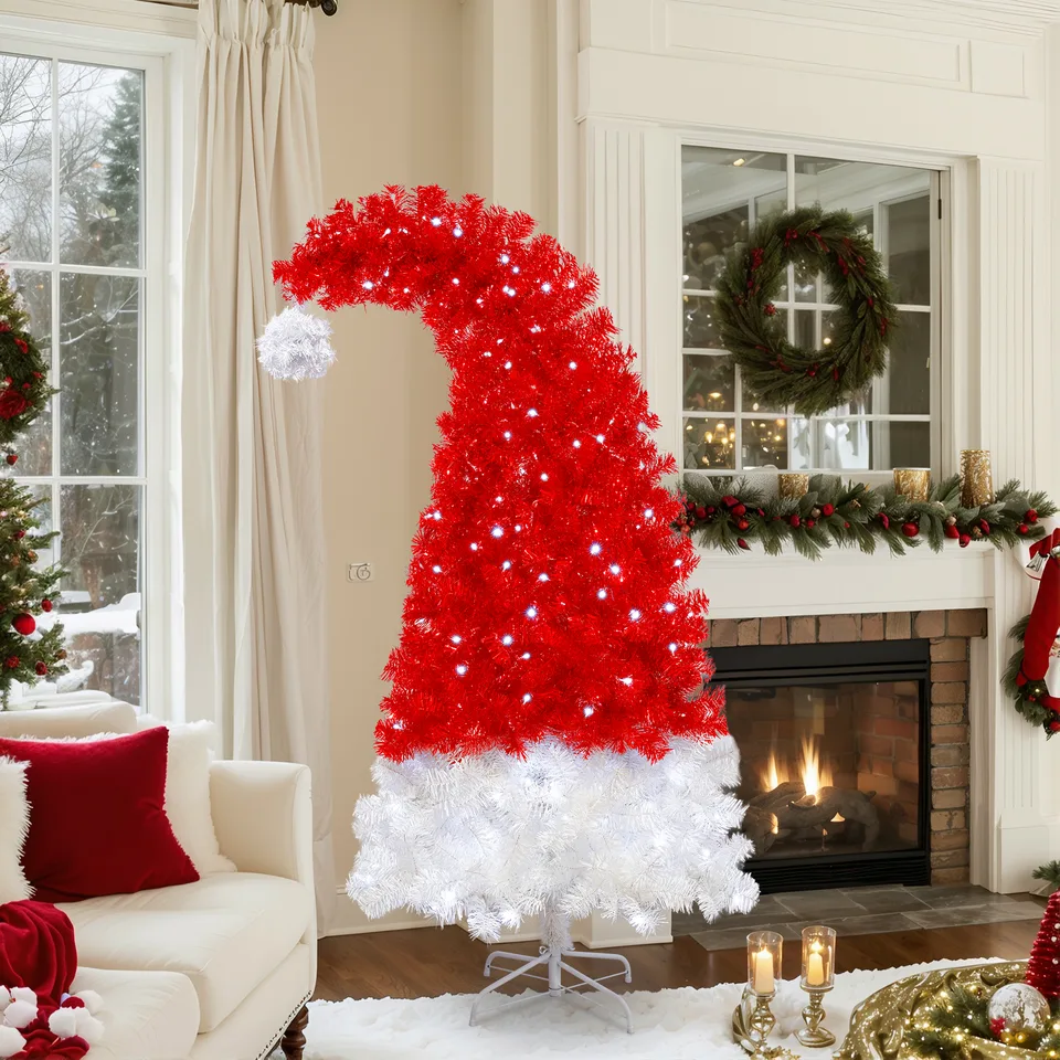 6FT Artificial Christmas Tree With LED Light, Santa's Hat Shape Artificial Whimsical Xmas Tree With 1050 Tip, Curved Xmax Tree view 3