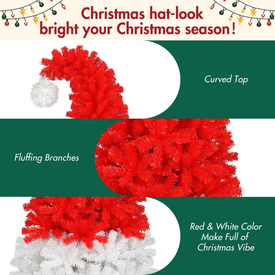 6FT Artificial Christmas Tree With LED Light, Santa's Hat Shape Artificial Whimsical Xmas Tree With 1050 Tip, Curved Xmax Tree view 2