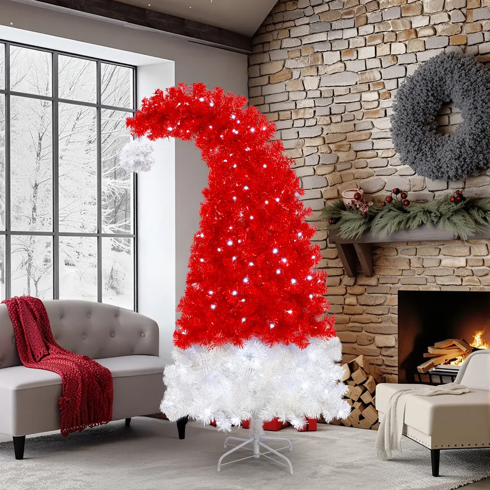 6FT Artificial Christmas Tree With LED Light, Santa's Hat Shape Artificial Whimsical Xmas Tree With 1050 Tip, Curved Xmax Tree view 4