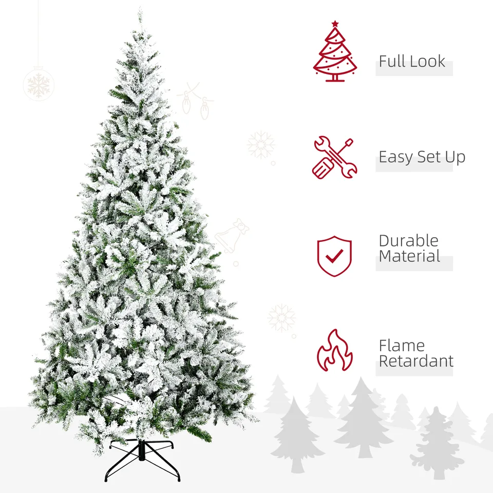 HOMCOM 9' Tall Unlit Snow Flocked Pine Artificial Christmas Tree With Realistic Branches, Green view 4