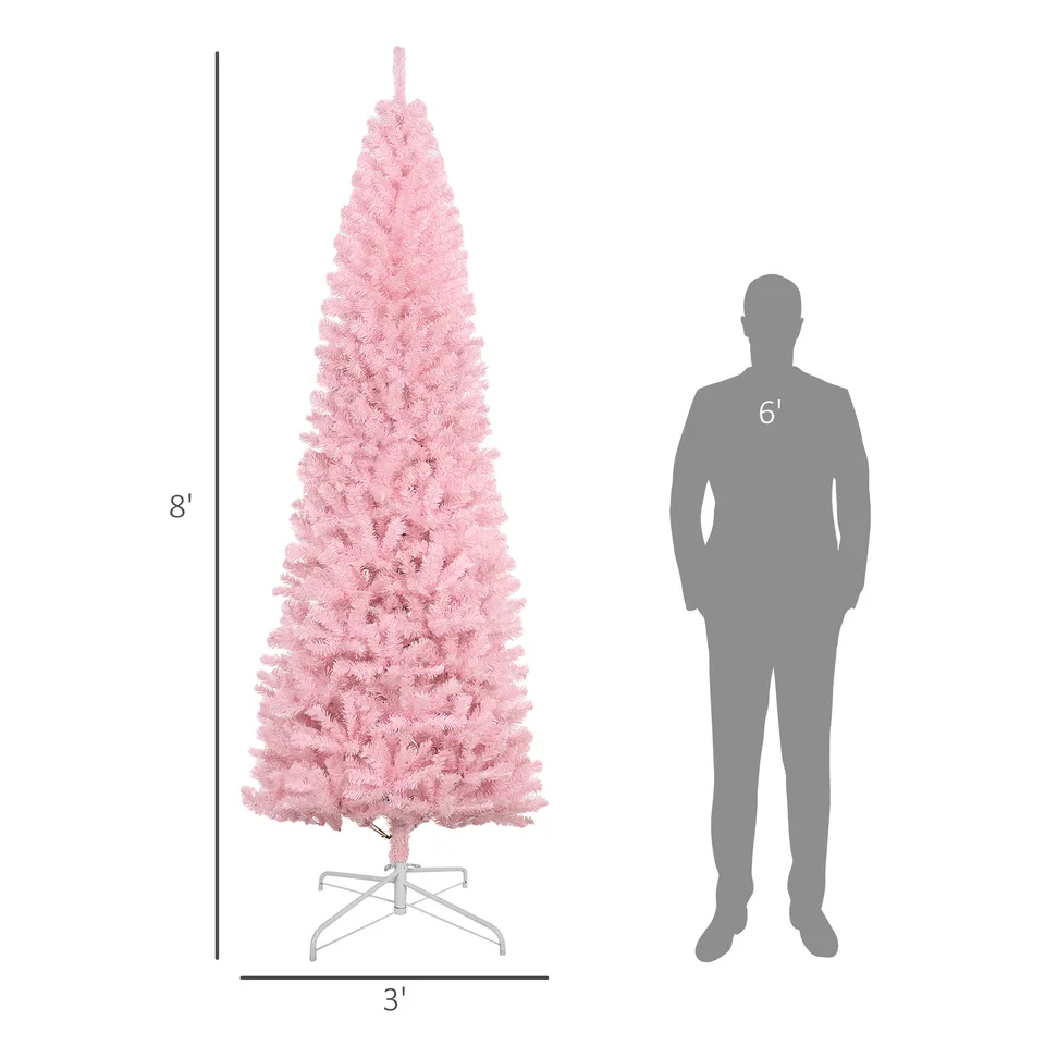 HOMCOM 8' Tall Unlit Slim Douglas Fir Artificial Christmas Tree With 1168 Realistic Branch Tips, Pink view 4