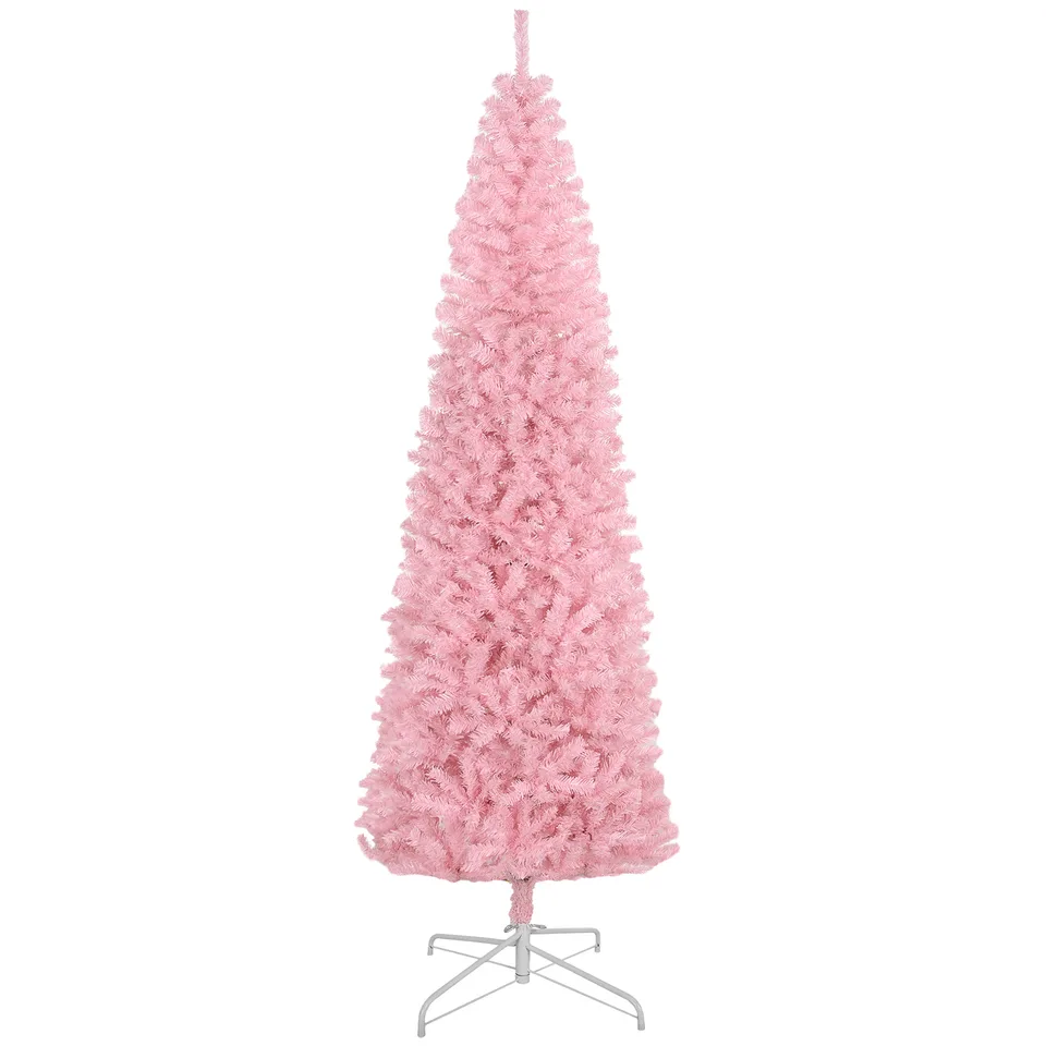 HOMCOM 8' Tall Unlit Slim Douglas Fir Artificial Christmas Tree With 1168 Realistic Branch Tips, Pink view 2