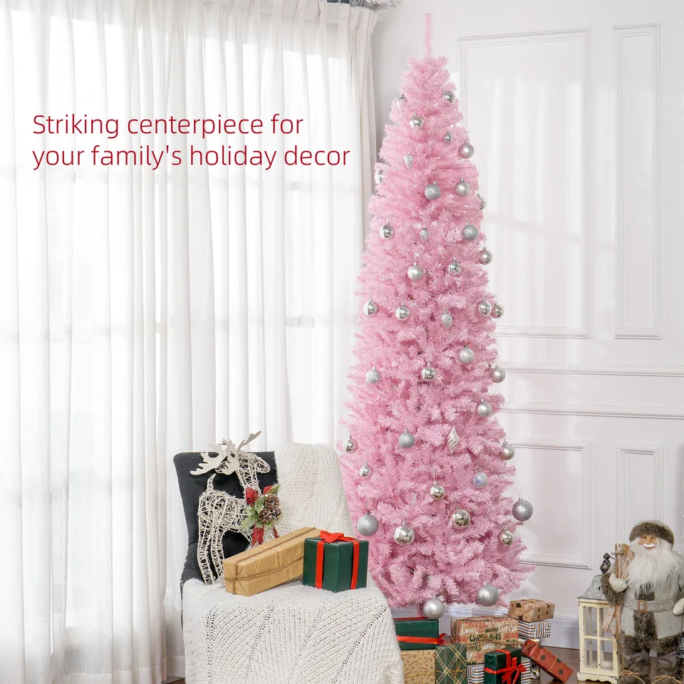 HOMCOM 8' Tall Unlit Slim Douglas Fir Artificial Christmas Tree With 1168 Realistic Branch Tips, Pink