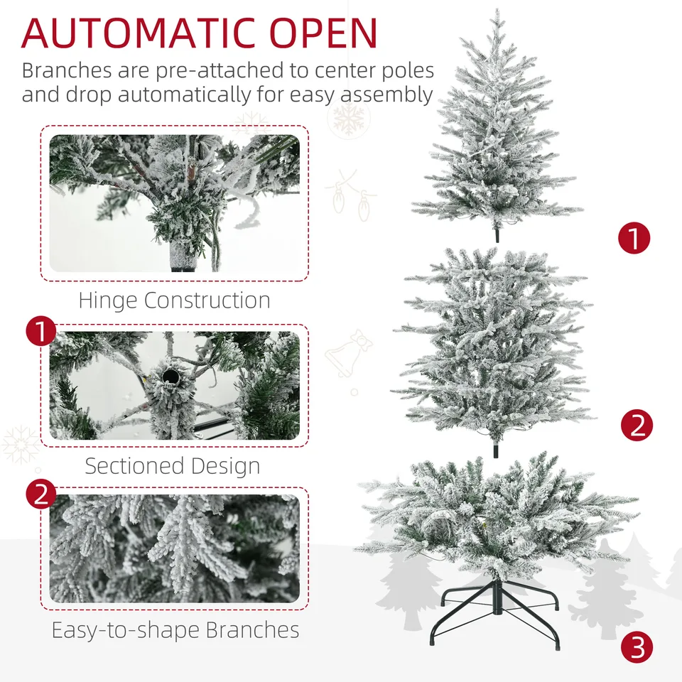 HOMCOM 6ft Tall Prelit Artificial Christmas Tree Holiday Decor With 636 Snow Flocked Branches, 250 Warm Yellow Clear Lights, Auto Open view 3