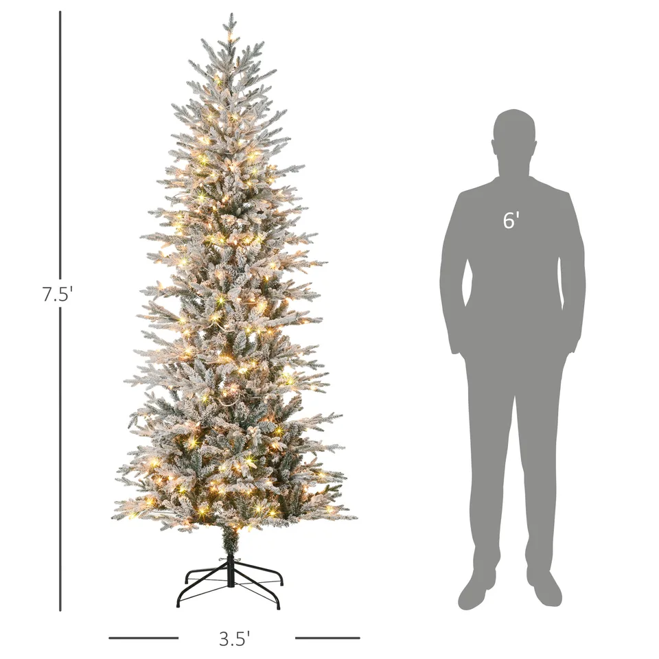 HOMCOM 7.5ft Tall Prelit Artificial Christmas Tree Holiday Decor With 850 Snow Flocked Branches, 350 Warm Yellow Clear Lights, Auto Open view 2