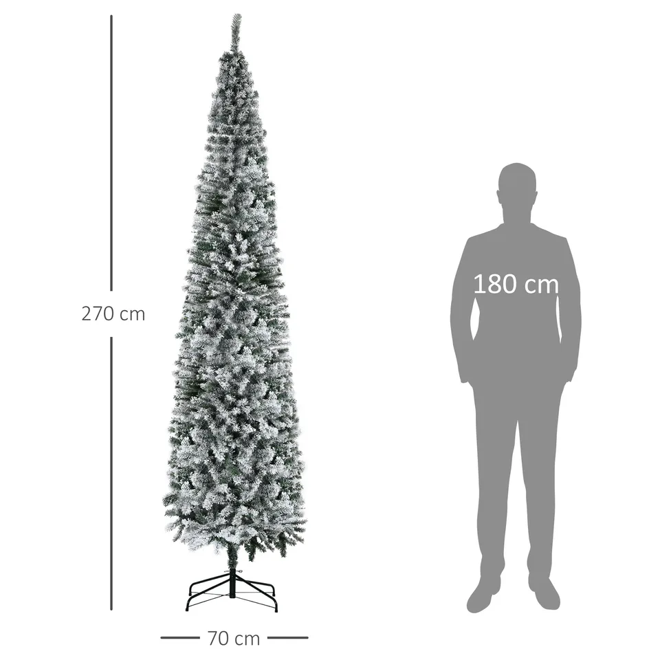 HOMCOM 9' Tall Unlit Snow-Flocked Slim Artificial Christmas Tree With Realistic Branches And 1014 Tips view 2