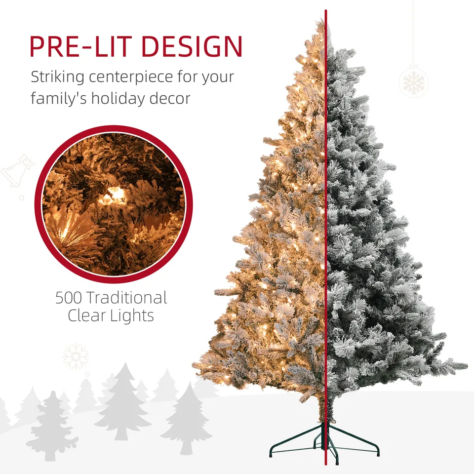 HOMCOM 7.5 Ft Pre-Lit Artificial Christmas Tree With 500 Clear Lights And 1530 Tips, Snow Flocked Christmas Tree With Metal Stand, Hinged view 3