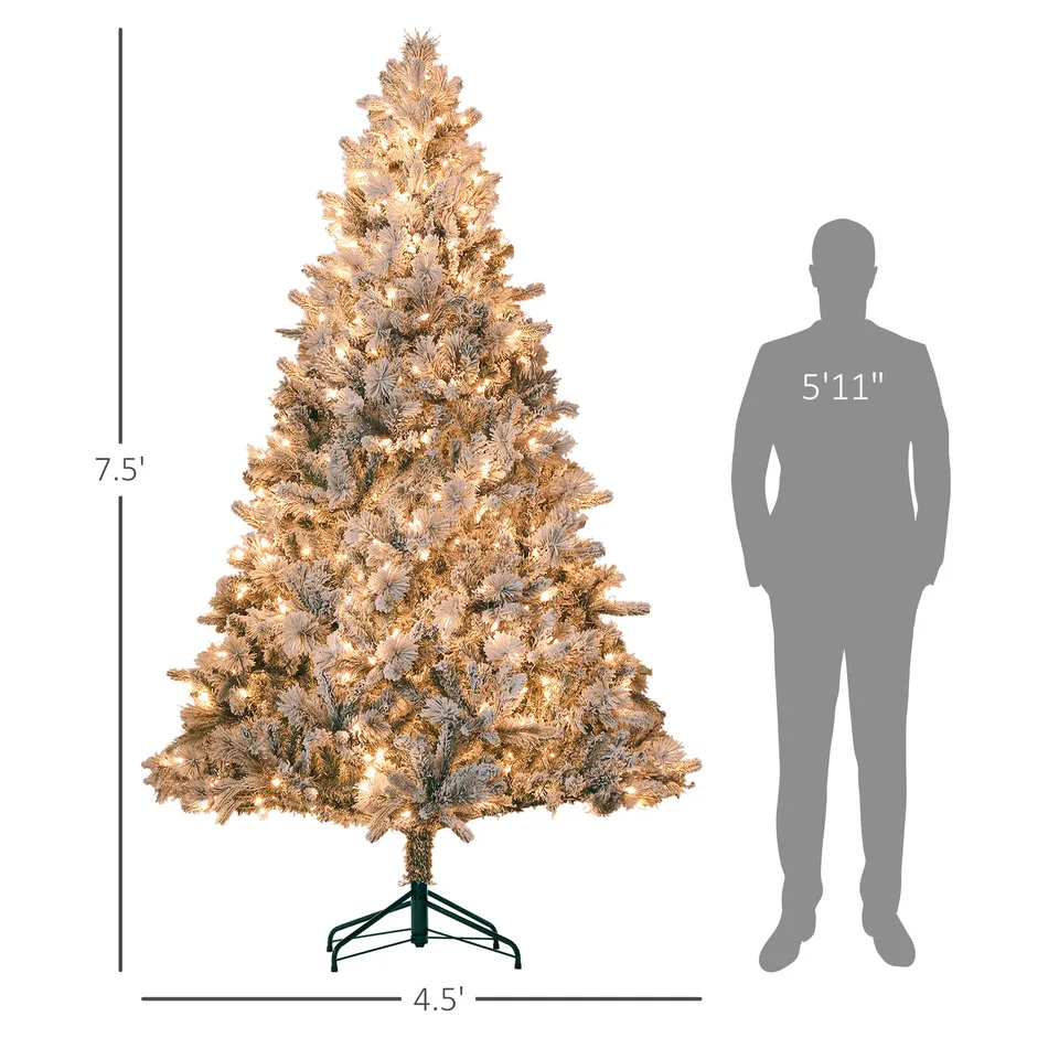 HOMCOM 7.5 Ft Pre-Lit Artificial Christmas Tree With 500 Clear Lights And 1530 Tips, Snow Flocked Christmas Tree With Metal Stand, Hinged view 4