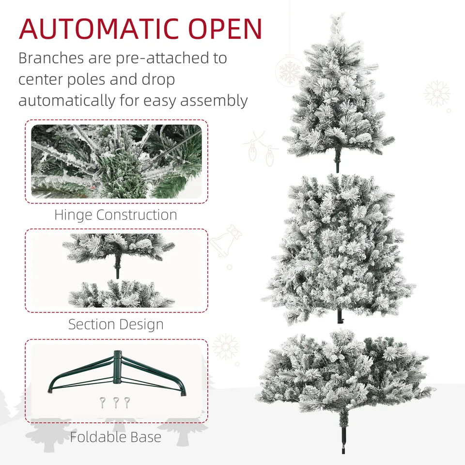 HOMCOM 7.5 Ft Pre-Lit Artificial Christmas Tree With 500 Clear Lights And 1530 Tips, Snow Flocked Christmas Tree With Metal Stand, Hinged view 2