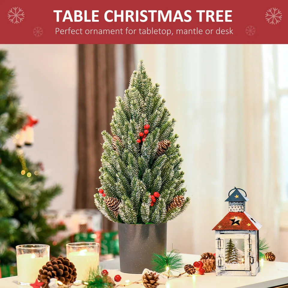 HOMCOM 18 Tall Unlit Miniature Snow-Flocked Tabletop Artificial Christmas Tree, Holiday Decoration With Pine Cones And Berries