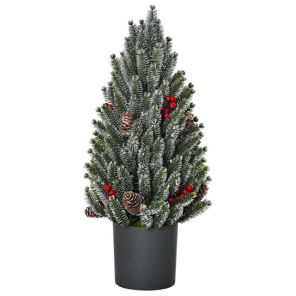 HOMCOM 18 Tall Unlit Miniature Snow-Flocked Tabletop Artificial Christmas Tree, Holiday Decoration With Pine Cones And Berries view 2