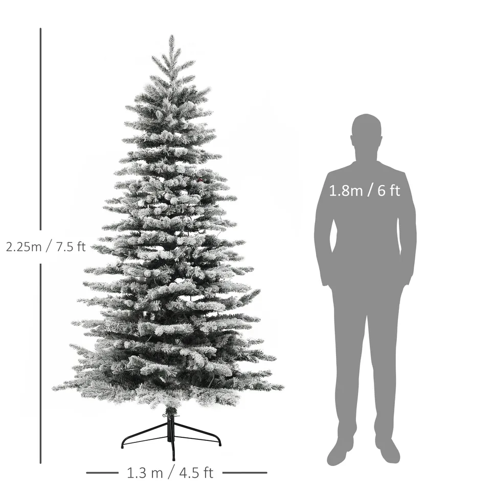 HOMCOM 7.5 Ft Pre-Lit Mountain Pine Artificial Christmas Tree, Snow Flocked Christmas Tree, Hinged Xmas Tree With 500 LED Lights And 1264 Branch Tips For Holiday Party Decoration, Green