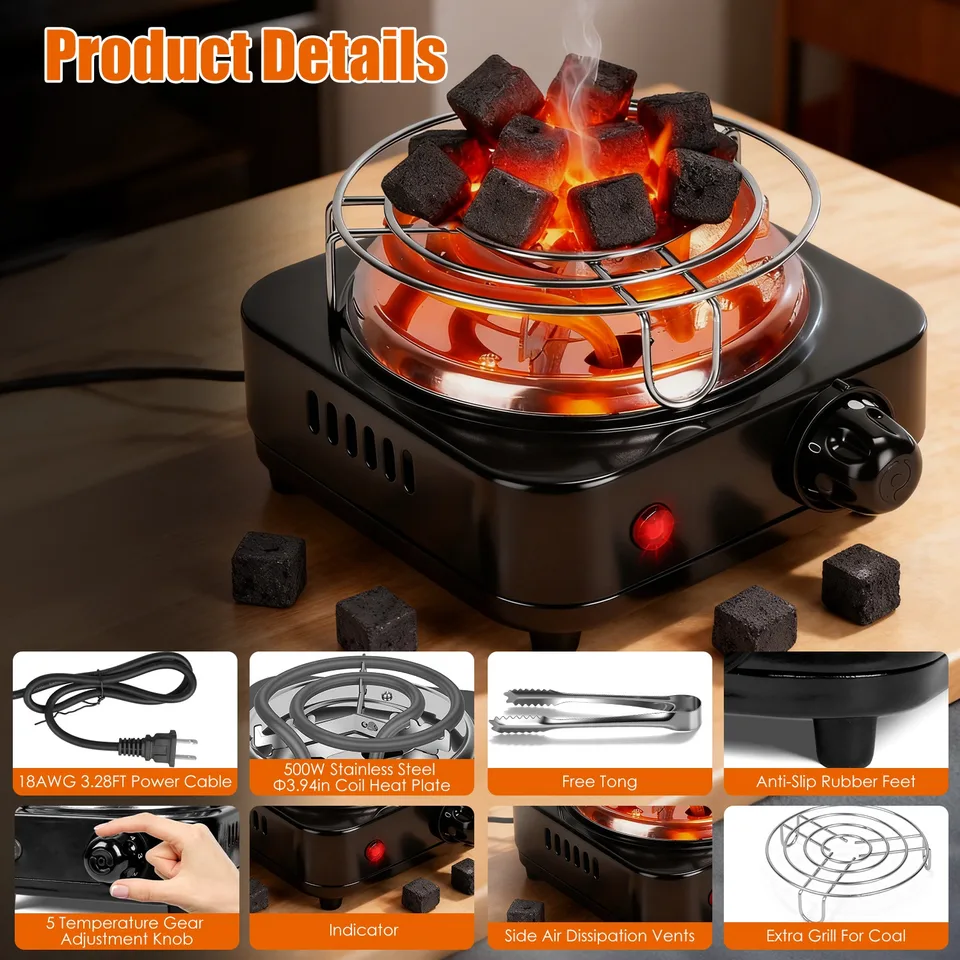 1 Pc Electric Charcoal Burner 500W Hookah Charcoal Burner Compact Coal Burner For Hooka Cubes Shisha With Grill And Tongs 5 Temperature view 2