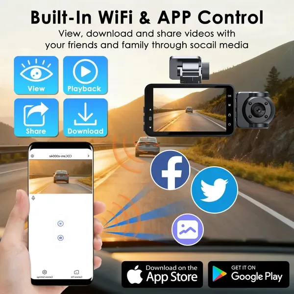 WiFi FHD 1080P 3 Channel Car Dash Cam Front Rear Inside With 32G MMC Card Motion Detection Loop Recording Infrared Night Vision Surveillance Car Camera With App Control view 3