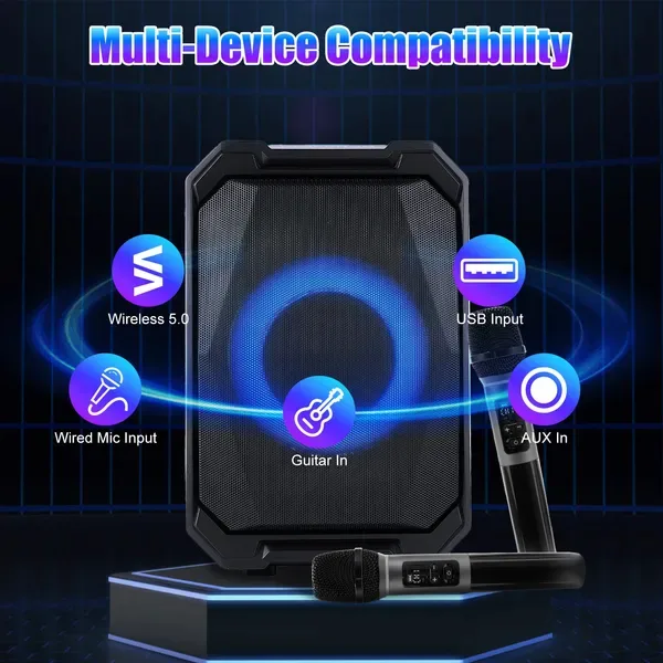 Portable Wireless Party Speaker With LED Light 2 Wireless Mics Remote Control TWS Music Accompany Mic. Priority Bass Echo Mic Treble Guitar view 3