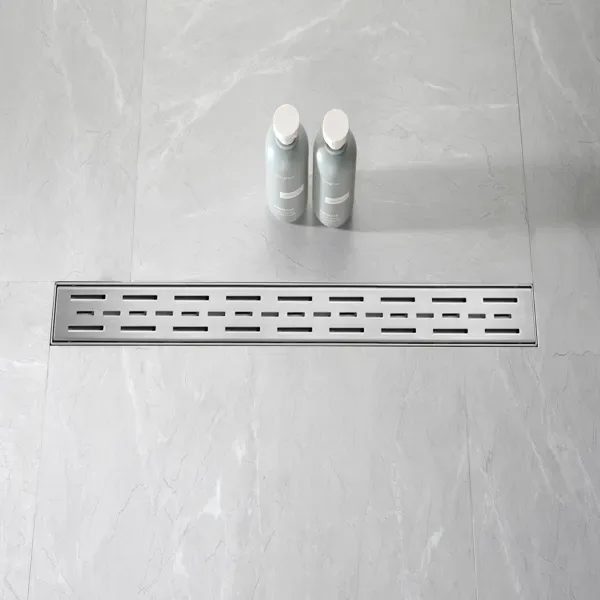28 Inch Linear Shower Drain With Removable Brick Patterned Grate Cover, 304 Stainless Steel Shower Floor Drain With Hair Strainer And view 3