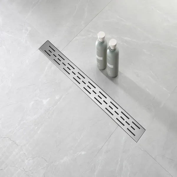 28 Inch Linear Shower Drain With Removable Brick Patterned Grate Cover, 304 Stainless Steel Shower Floor Drain With Hair Strainer And Leveling Feet