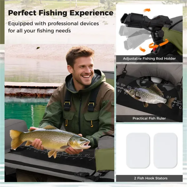 350lbs Inflatable Fishing Float Tube - 2 Air Chambers, Rod Holder+Fish Ruler, Green+Gray view 2