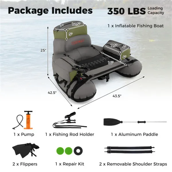 350lbs Inflatable Fishing Float Tube - 2 Air Chambers, Rod Holder+Fish Ruler, Green+Gray view 3