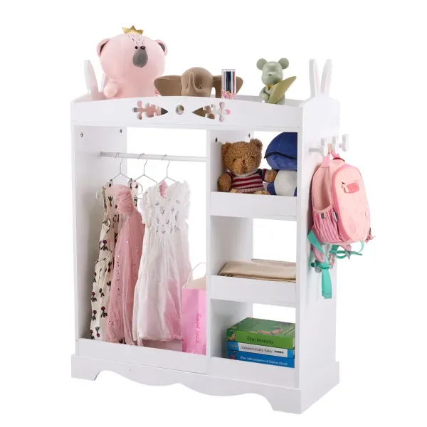 White MDF + Particleboard Children's Wardrobe With 1 Mirror, 3 Shelves, And 1 Clothes Rod; Rabbit Ear Design view 4