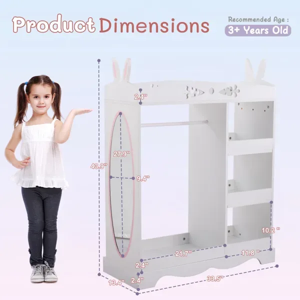 White MDF + Particleboard Children's Wardrobe With 1 Mirror, 3 Shelves, And 1 Clothes Rod; Rabbit Ear Design view 3