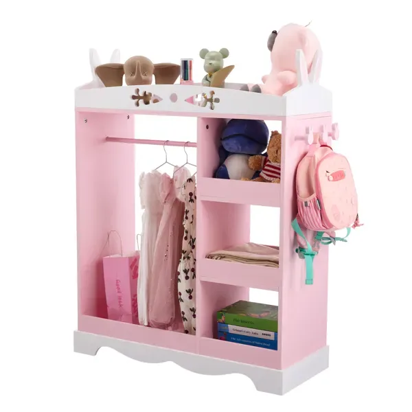 Pink MDF + Particleboard Children's Wardrobe With 1 Mirror, 3 Shelves, And 1 Clothes Rod; Rabbit Ear Design view 2