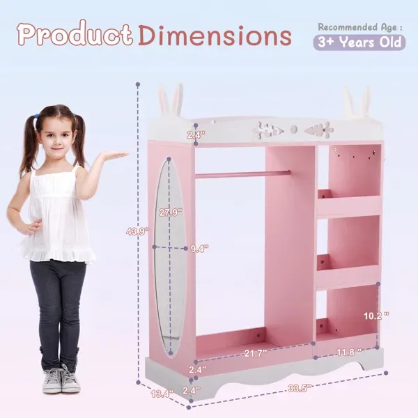 Pink MDF + Particleboard Children's Wardrobe With 1 Mirror, 3 Shelves, And 1 Clothes Rod; Rabbit Ear Design view 3