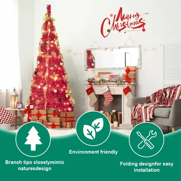 6FT Red Pop-Up Christmas Tree With 150 Warm White LED Lights, Ornaments Included – 4 Ribbons, Bow, Flowers, Snowflakes, Pine Cones & Balls – view 3