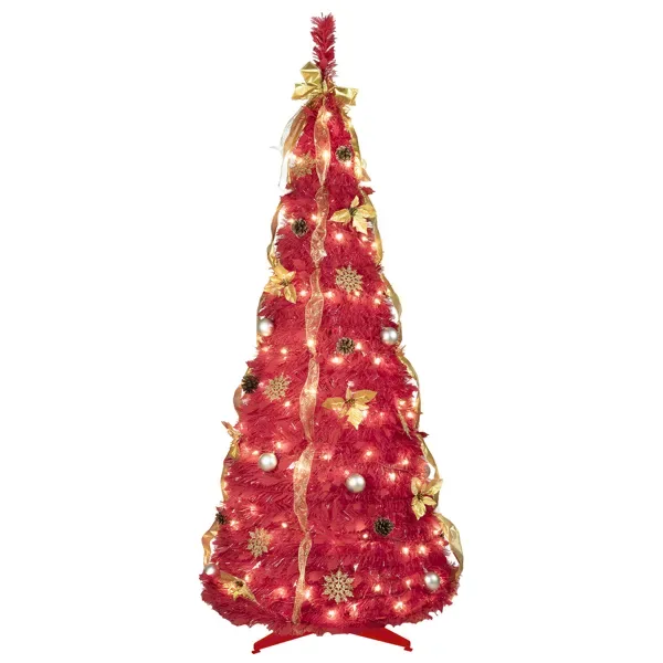 6FT Red Pop-Up Christmas Tree With 150 Warm White LED Lights, Ornaments Included – 4 Ribbons, Bow, Flowers, Snowflakes, Pine Cones & Balls – view 4