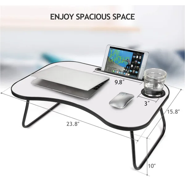Portable Laptop Desk, Gray And White Matte Metal And Wood Construction, Foldable Design With Cup Holder, 26.5 X 18.5 Inches, For Bed, Car, Couch, Home & Outdoor Use (Grey+White Matte) view 2